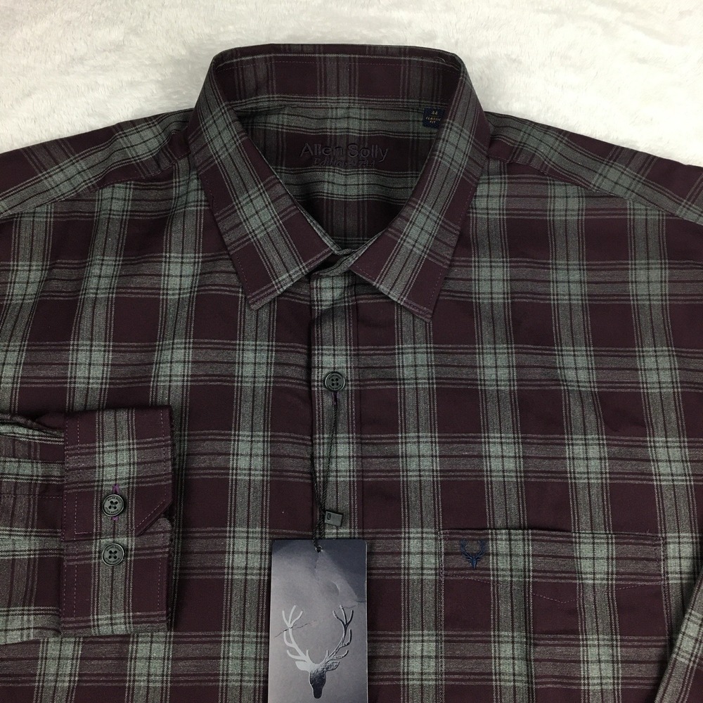 Allen‎ Solly Edition 1744 Shirt Mens 44 Large Maroon/Gray Plaid Classic Fit NWT!